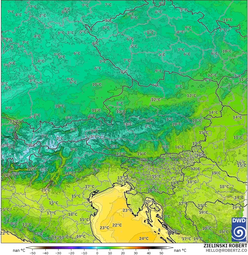 ICON Alemania 2 km modelo - Austria, Temperatura a 2 m