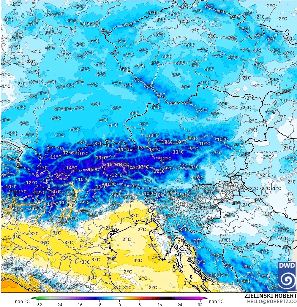 ICON Alemania 2 km modelo - Austria, Anomalía de temperatura a 850 hPa