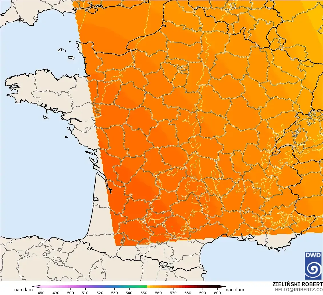 ICON Alemania 2 km modelo - Francia, Altura geopotencial a 500 hPa