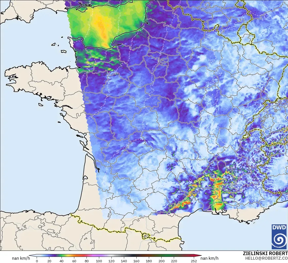 ICON Alemania 2 km modelo - Francia, Ráfagas de Viento Máximas