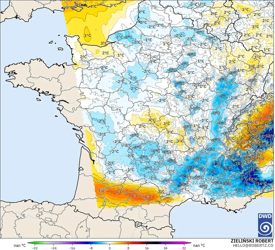 ICON Alemania 2 km modelo - Francia, Anomalía de temperatura a 2 m
