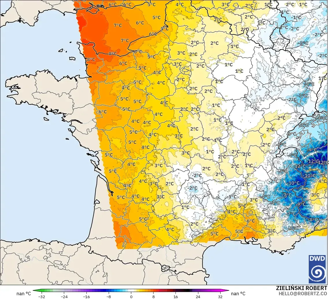ICON Alemania 2 km modelo - Francia, Anomalía de temperatura a 850 hPa