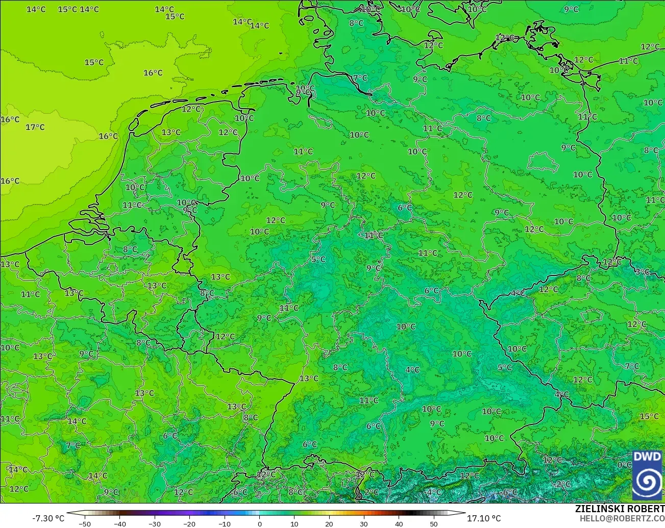 ICON Alemania 2 km modelo - Alemania, Temperatura a 2 m