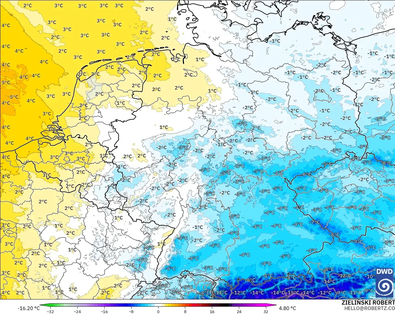 ICON Alemania 2 km modelo - Alemania, Anomalía de temperatura a 850 hPa