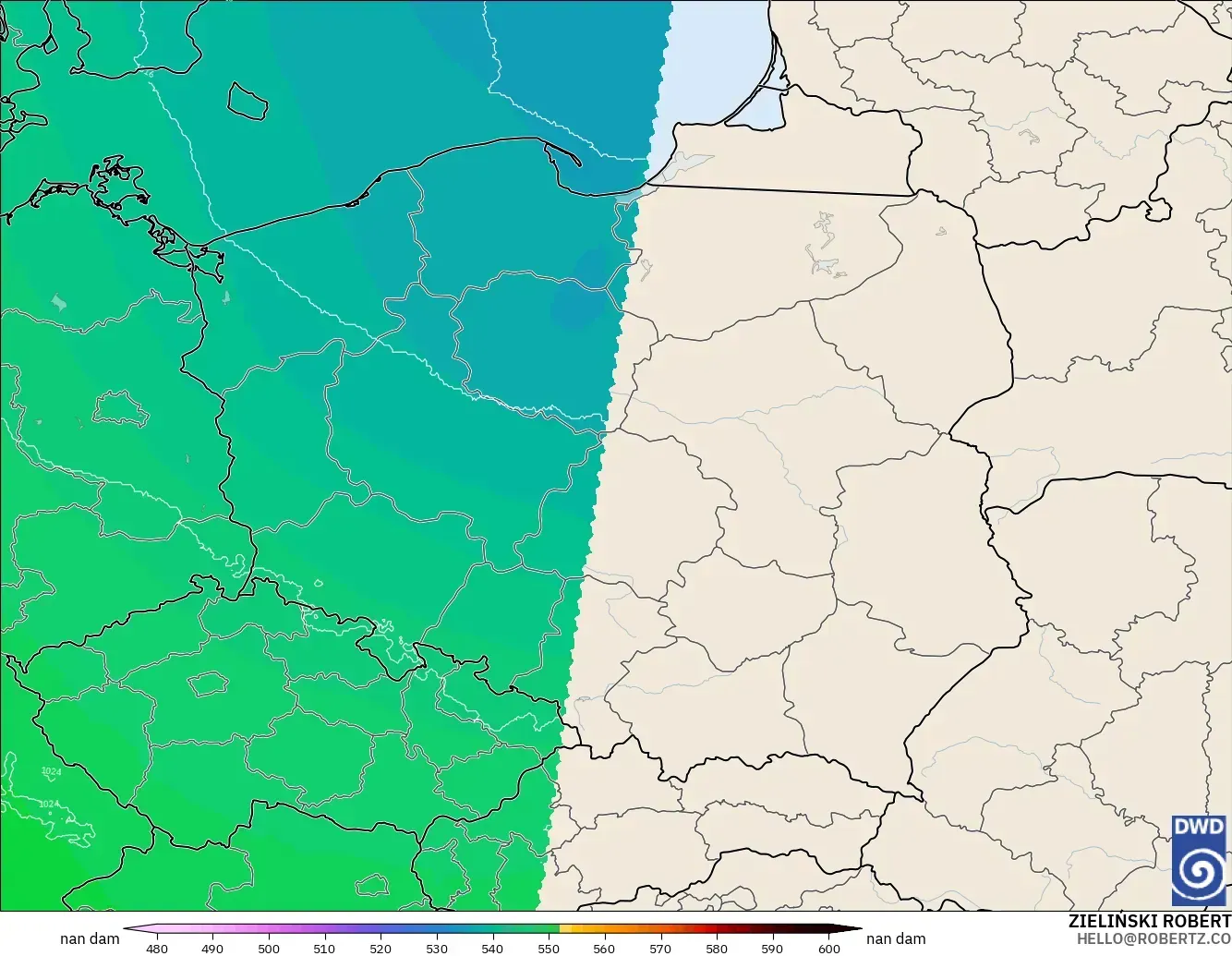 ICON Alemania 2 km modelo - Polonia, Altura geopotencial a 500 hPa