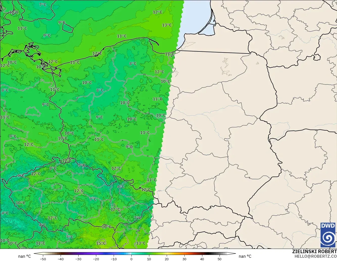 ICON Alemania 2 km modelo - Polonia, Temperatura a 2 m