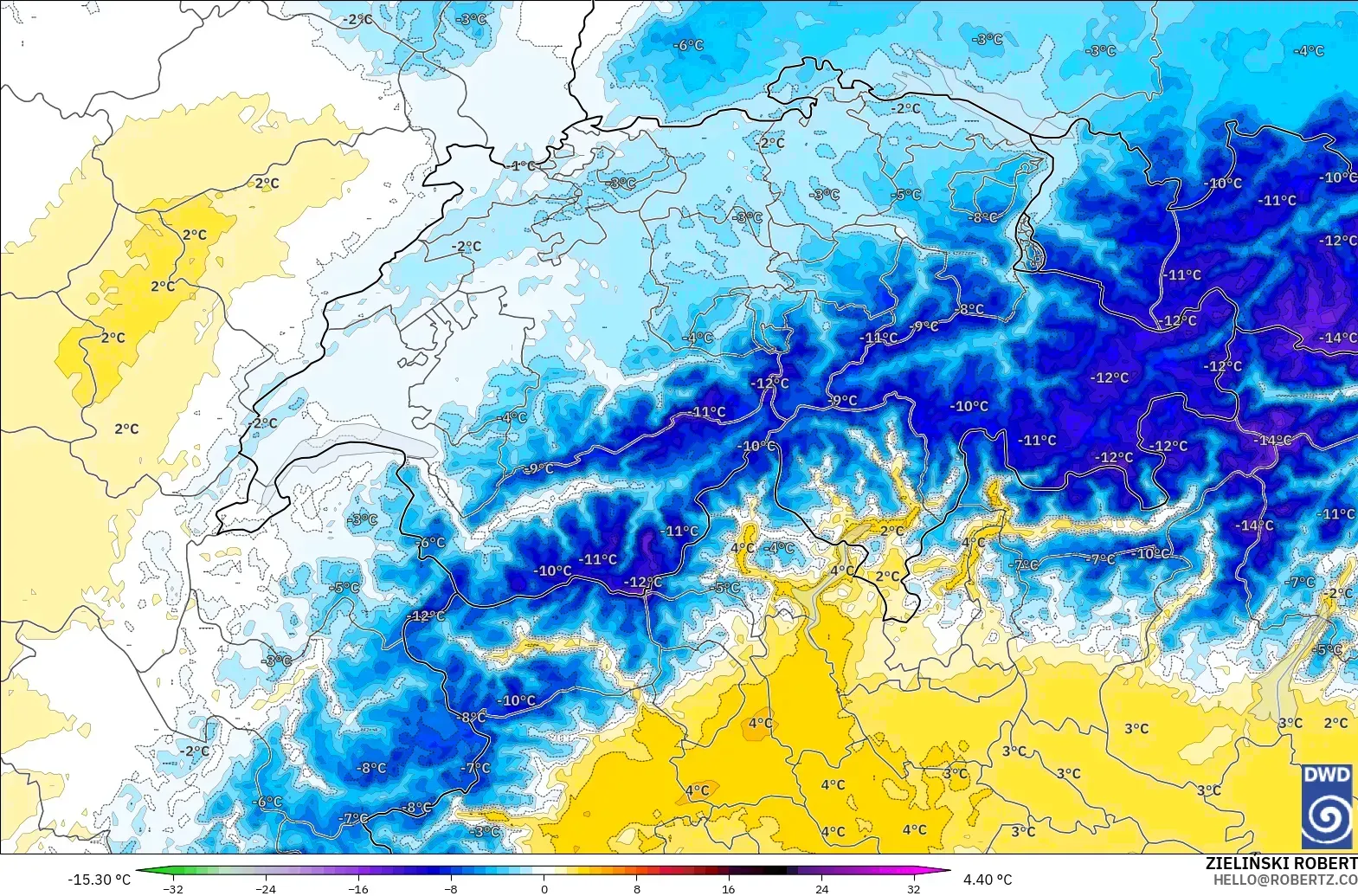 ICON Alemania 2 km modelo - Suiza, Anomalía de temperatura a 850 hPa
