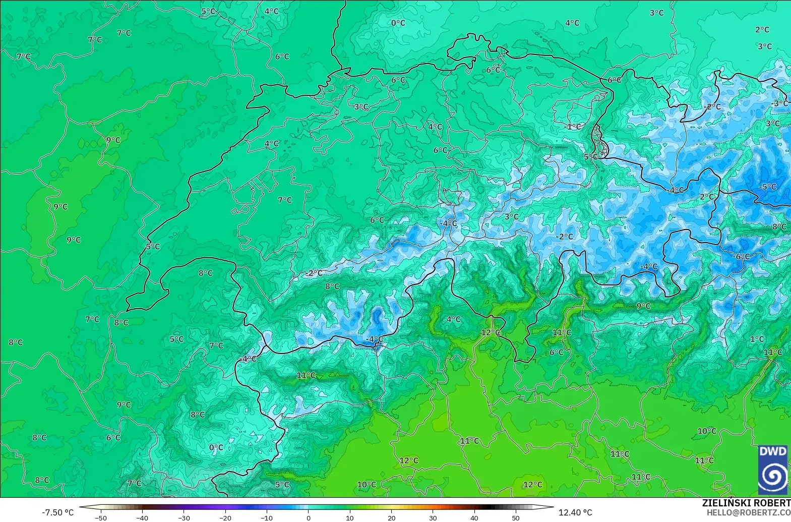 ICON Alemania 2 km modelo - Suiza, Temperatura a 850 hPa