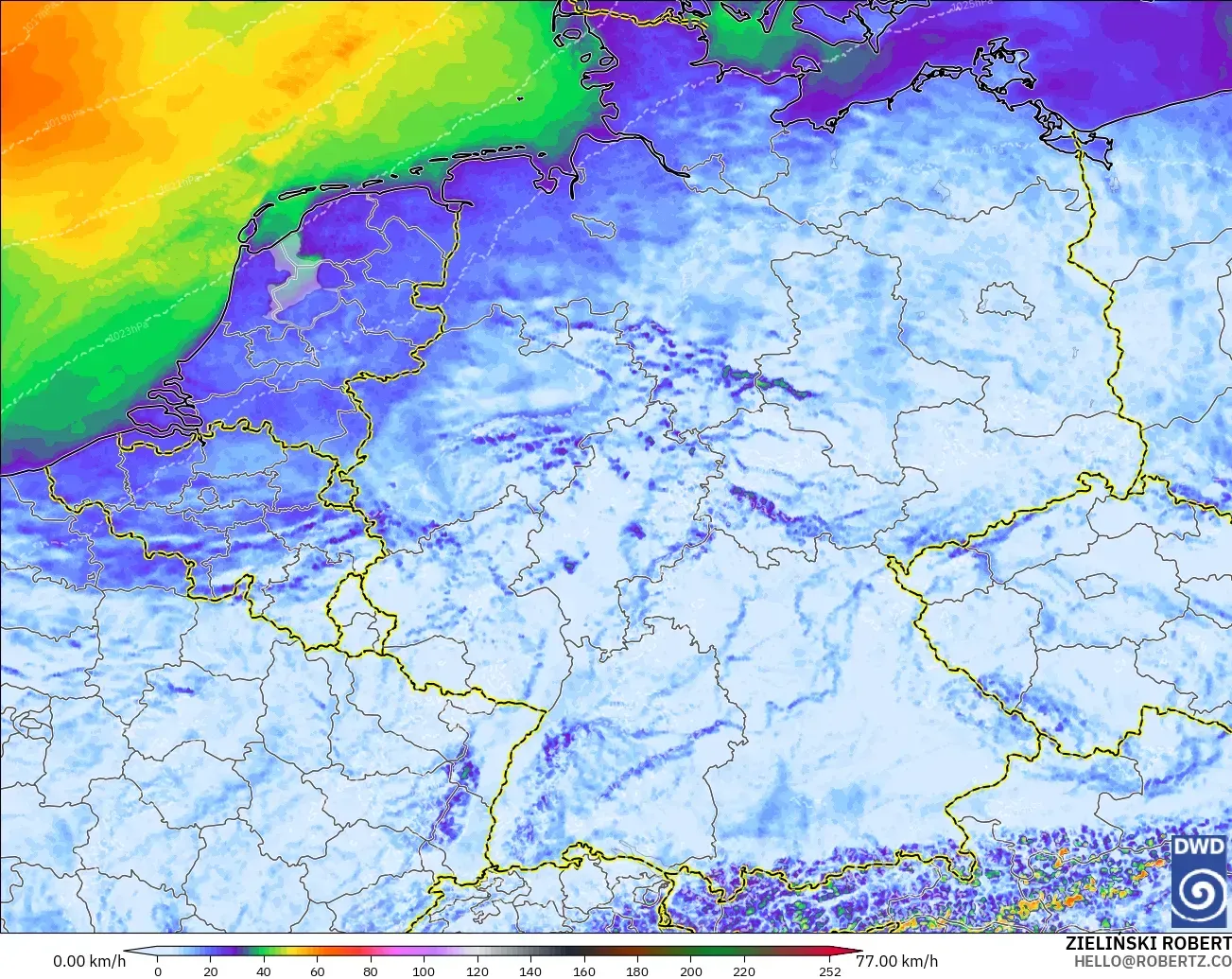 ICON Alemania 2 km modelo - Alemania, Ráfagas de Viento Máximas