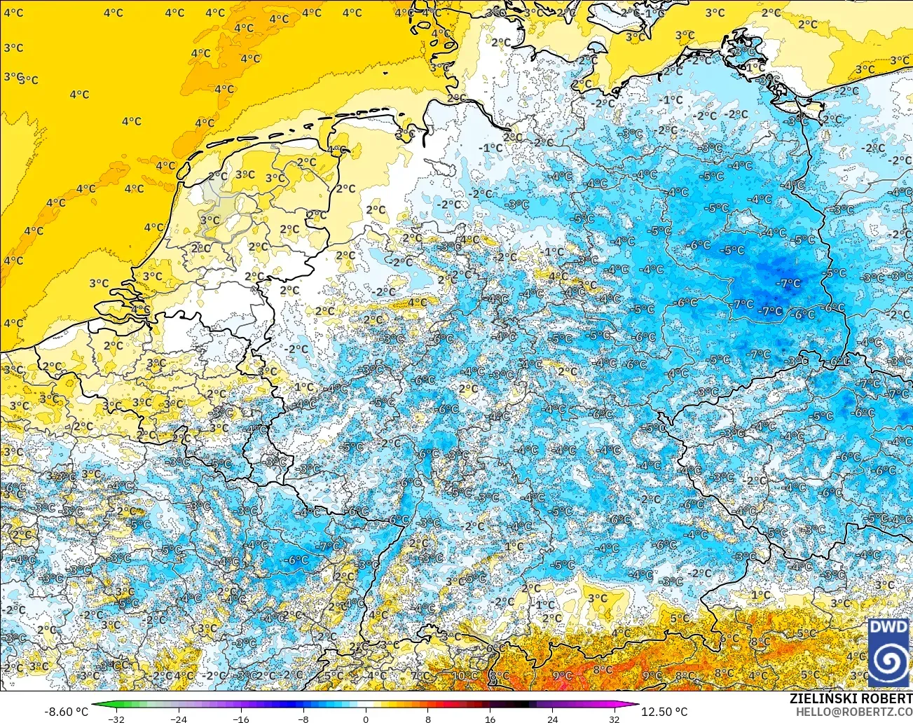 ICON Alemania 2 km modelo - Alemania, Anomalía de temperatura a 2 m
