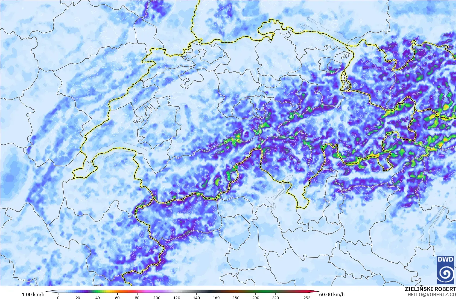 ICON Alemania 2 km modelo - Suiza, Ráfagas de viento