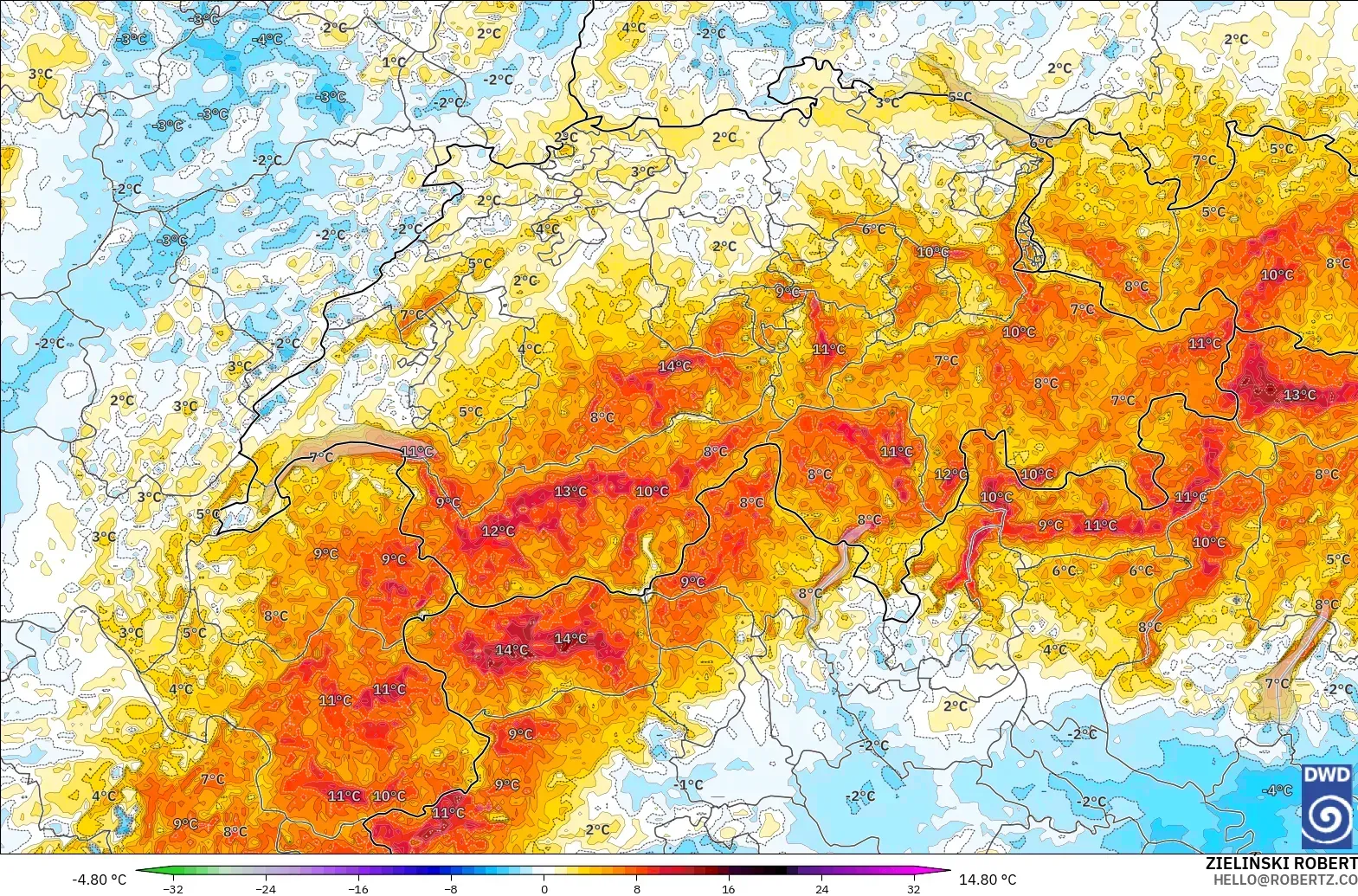 ICON Alemania 2 km modelo - Suiza, Anomalía de temperatura a 2 m