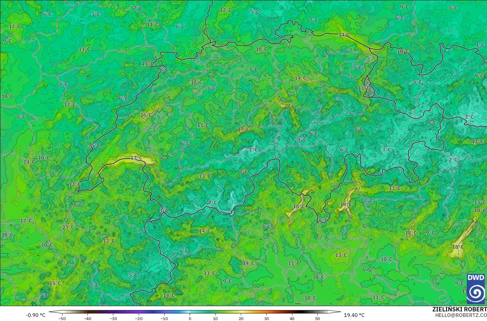 ICON Alemania 2 km modelo - Suiza, Temperatura a 2 m