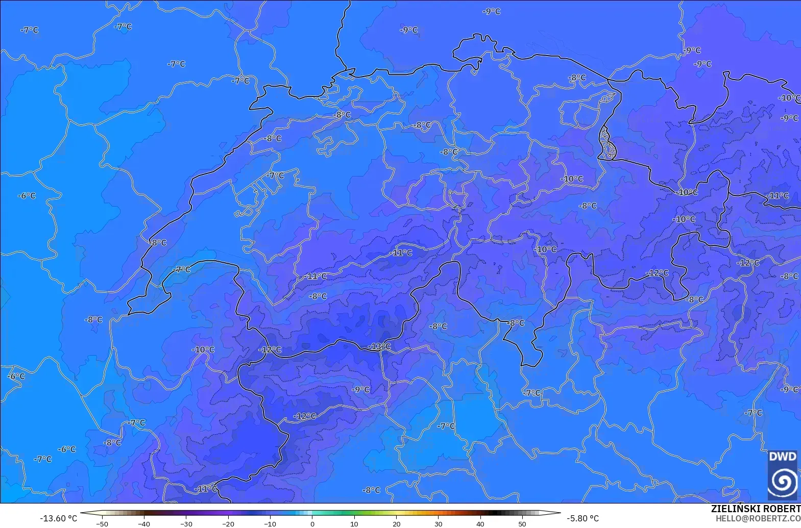 ICON Alemania 2 km modelo - Suiza, Temperatura a 500 hPa