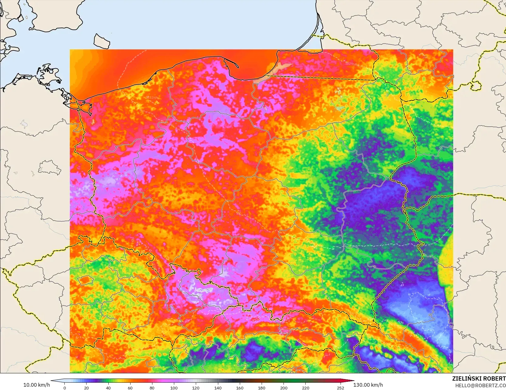 ICON Polonia 2 km modelo - Polonia, Ráfagas de Viento Máximas