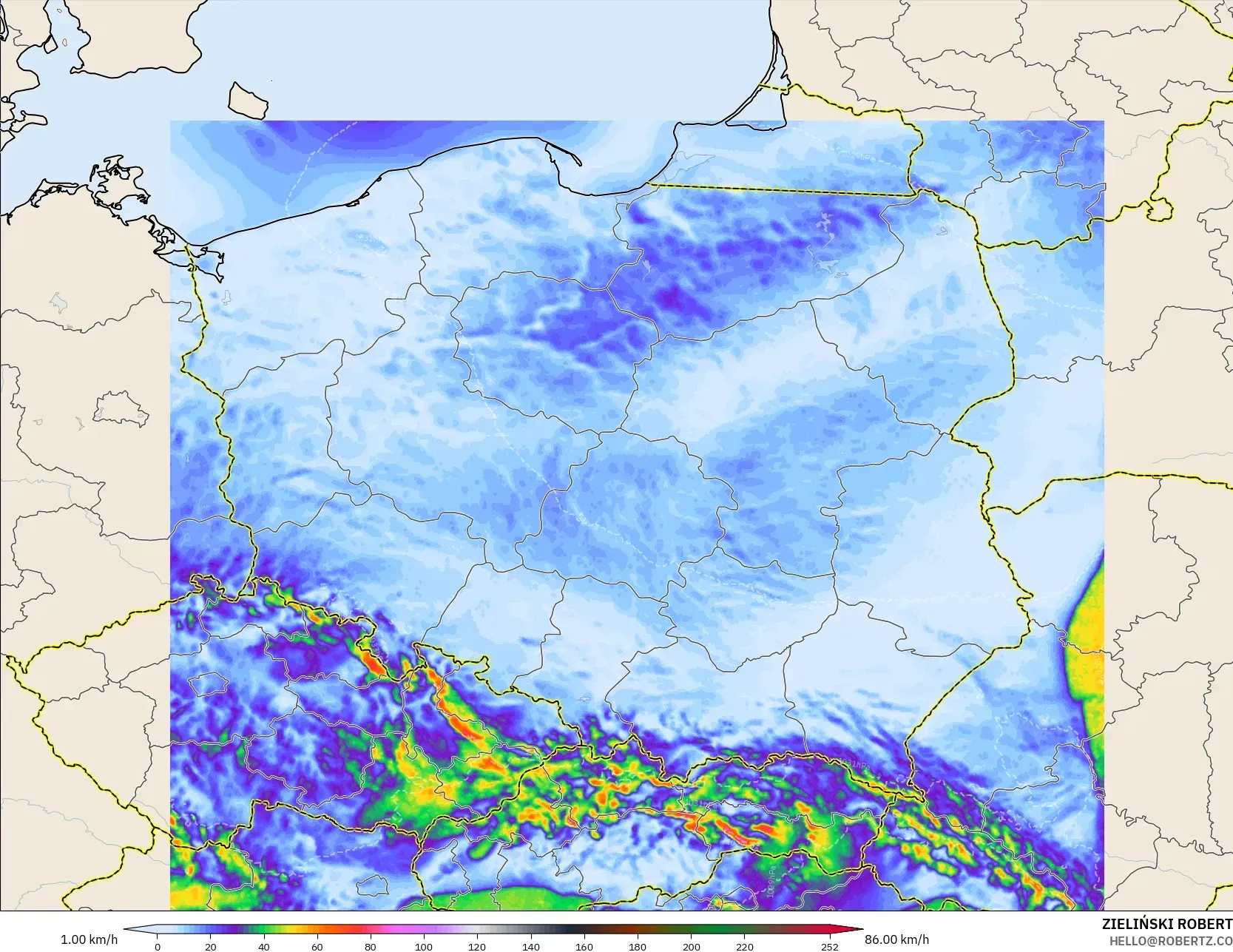 ICON Polonia 2 km modelo - Polonia, Ráfagas de viento