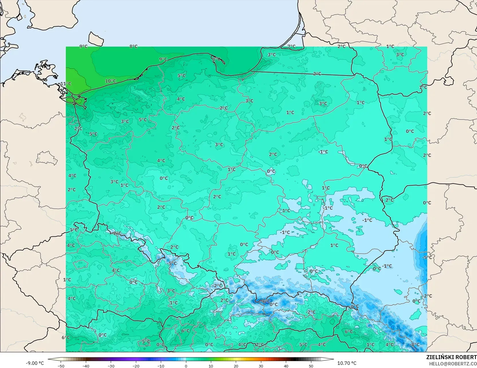 ICON Polonia 2 km modelo - Polonia, Temperatura a 2 m