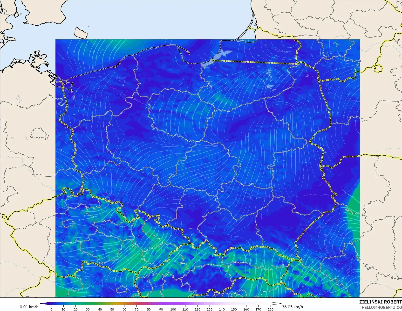 ICON Polonia 2 km modelo - Polonia, Viento a 10 m