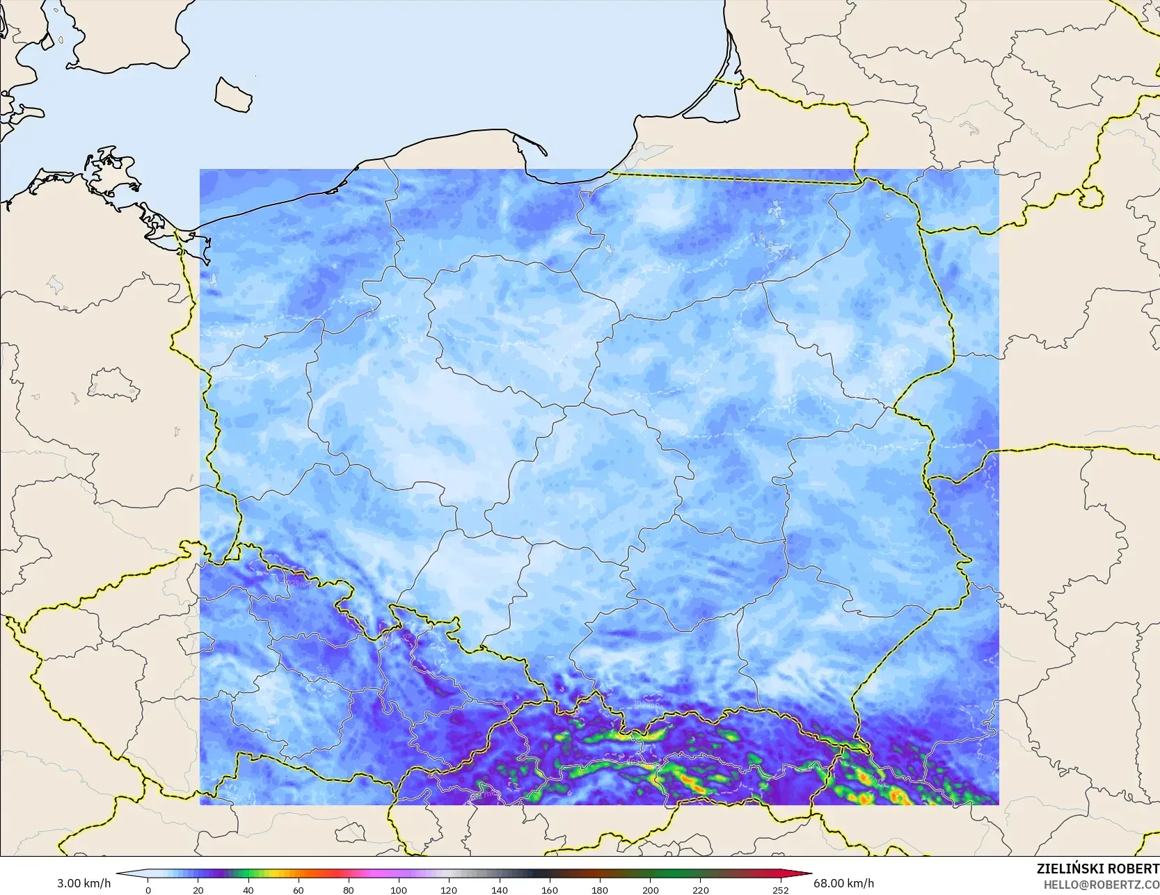ICON Polonia 2 km modelo - Polonia, Ráfagas de Viento Máximas