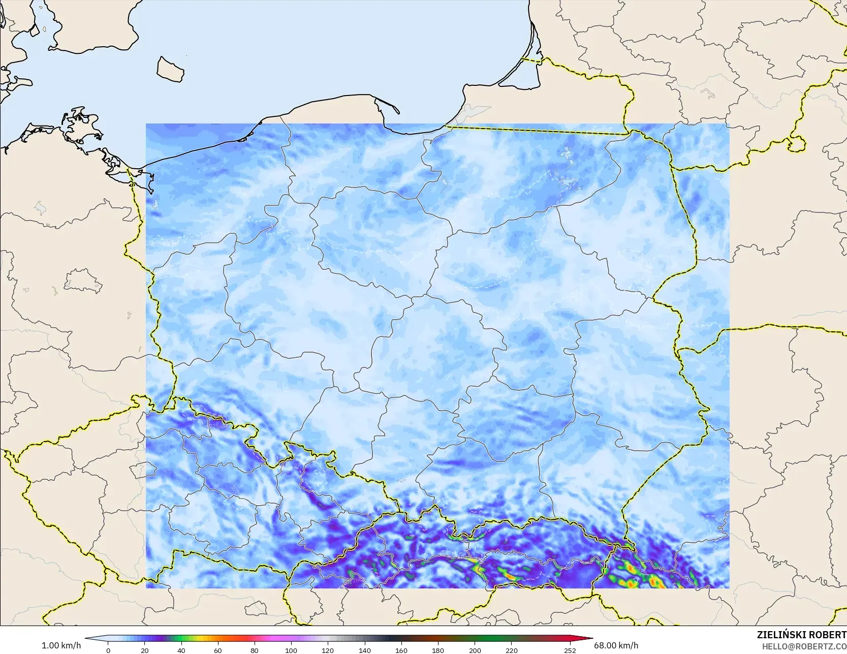 ICON Polonia 2 km modelo - Polonia, Ráfagas de viento