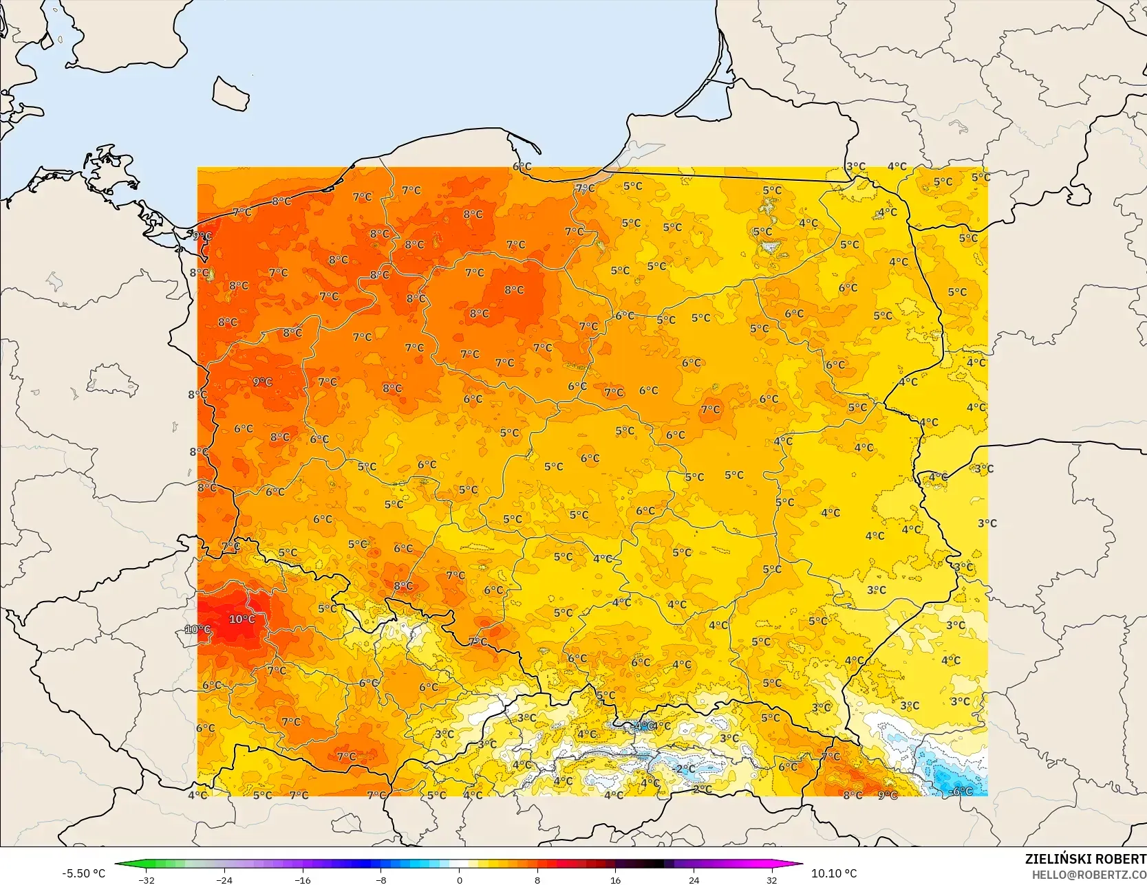 ICON Polonia 2 km modelo - Polonia, Anomalía de temperatura a 2 m