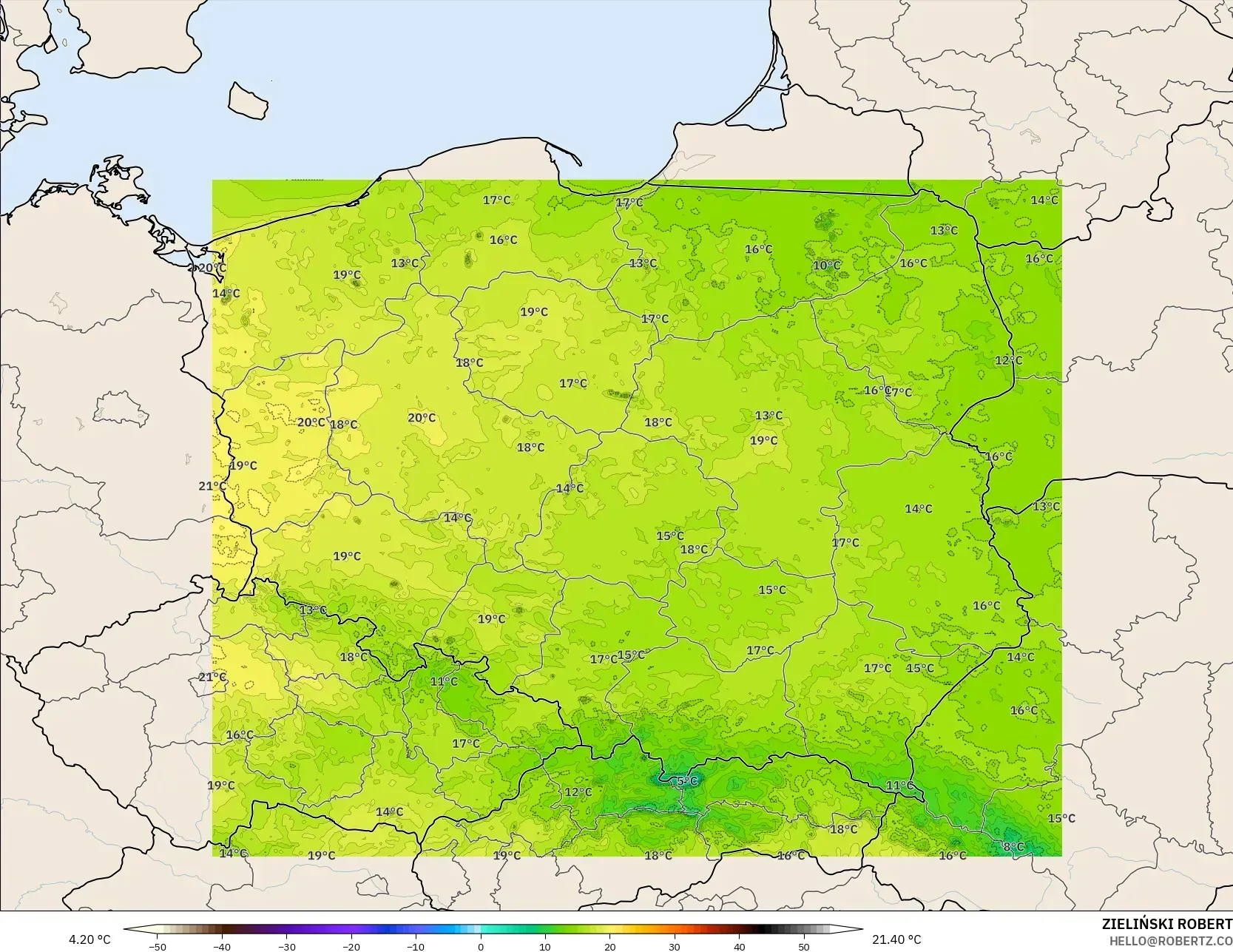 ICON Polonia 2 km modelo - Polonia, Temperatura a 2 m
