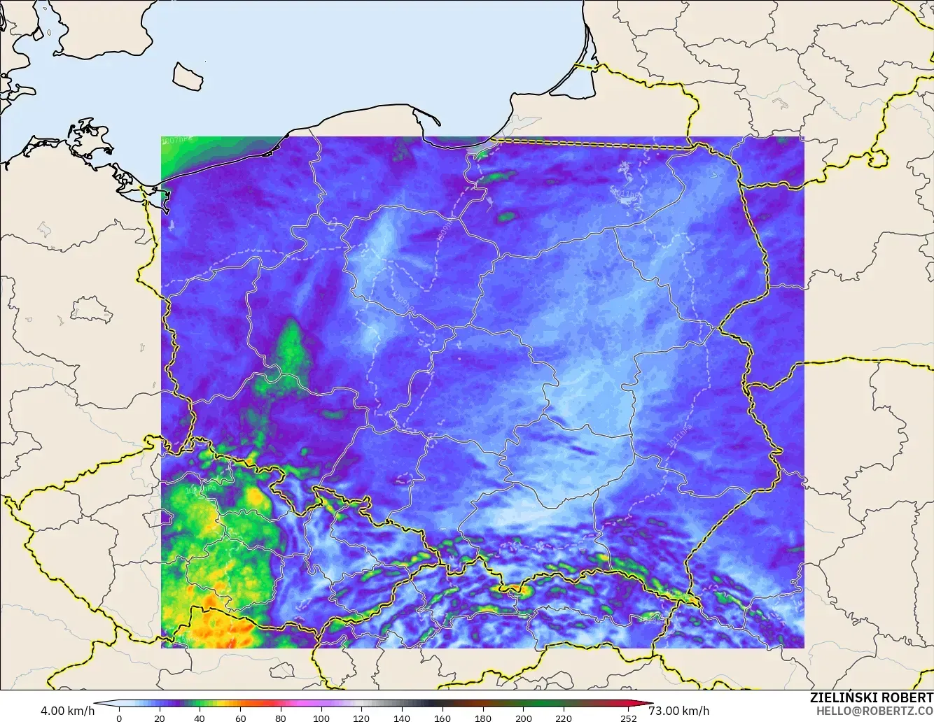 ICON Polonia 2 km modelo - Polonia, Ráfagas de Viento Máximas