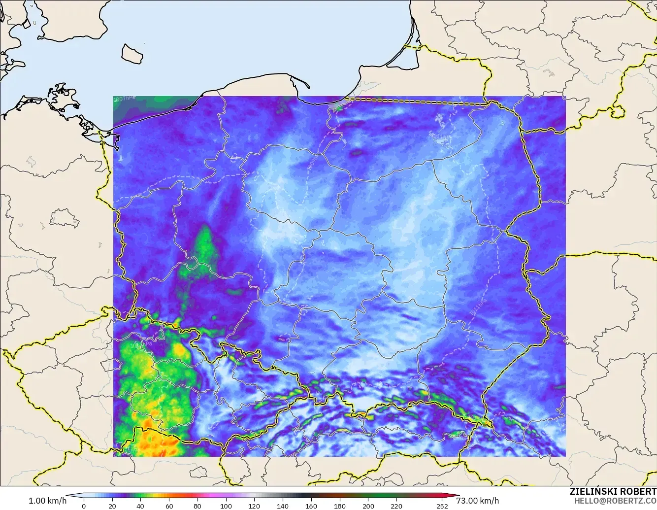 ICON Polonia 2 km modelo - Polonia, Ráfagas de viento