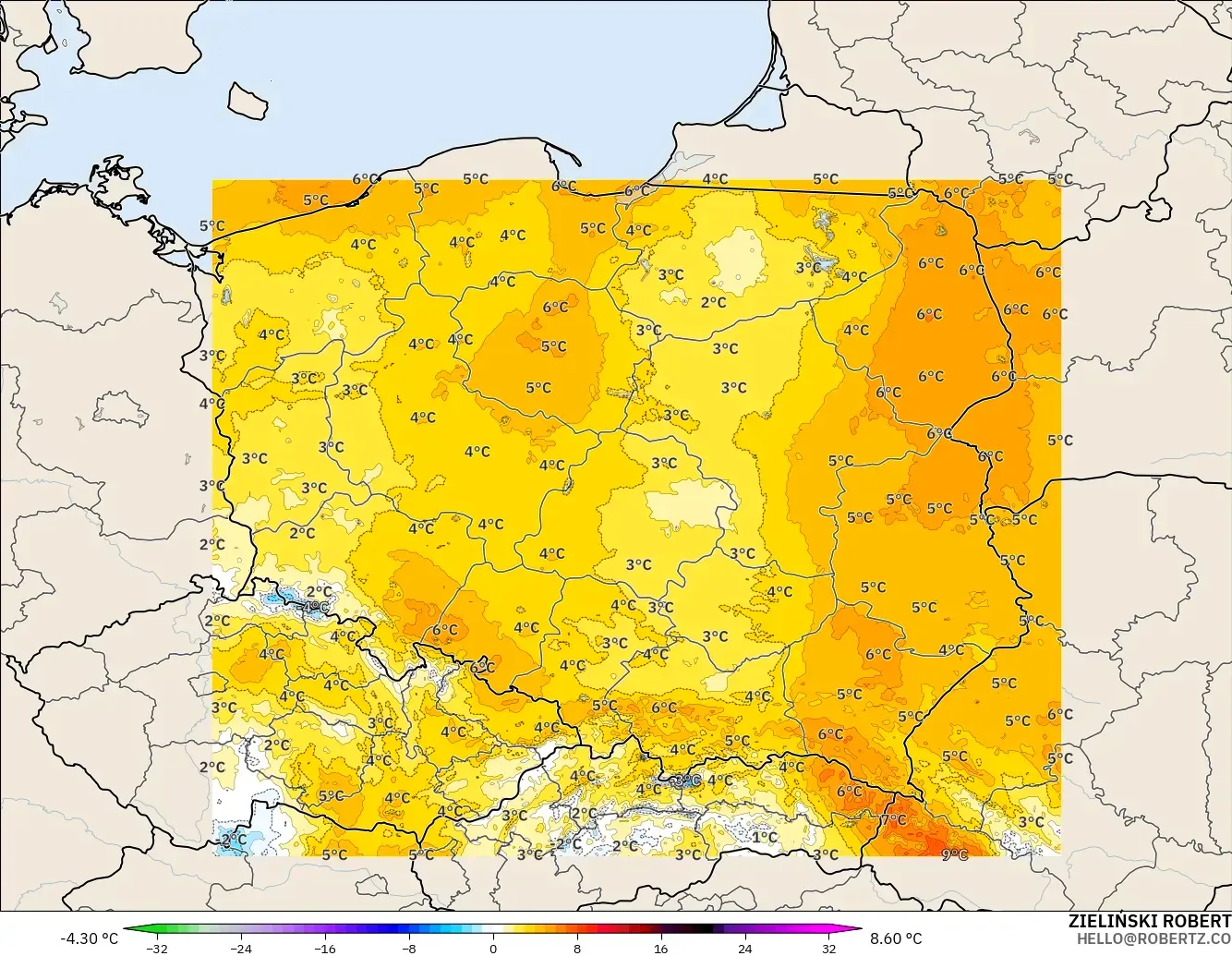 ICON Polonia 2 km modelo - Polonia, Anomalía de temperatura a 2 m