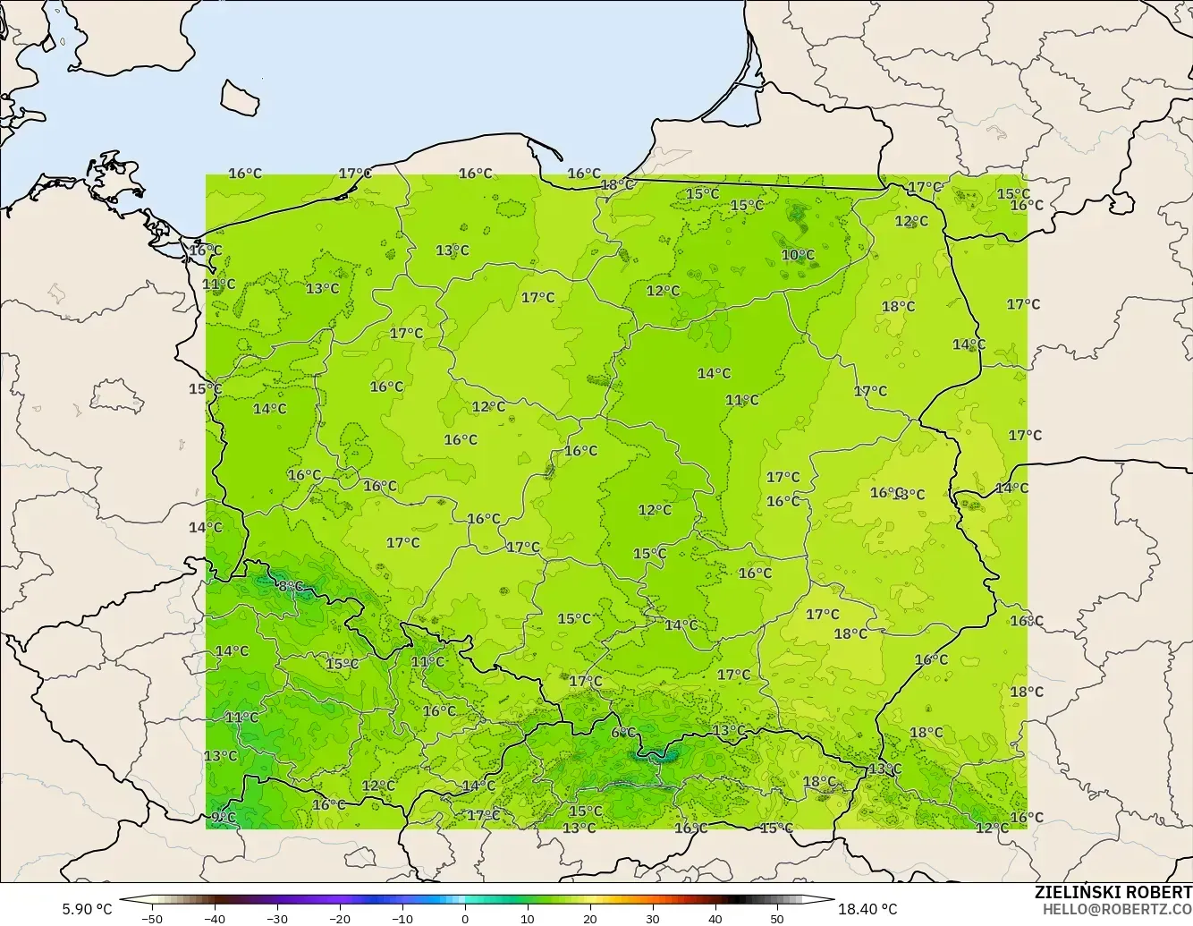 ICON Polonia 2 km modelo - Polonia, Temperatura a 2 m
