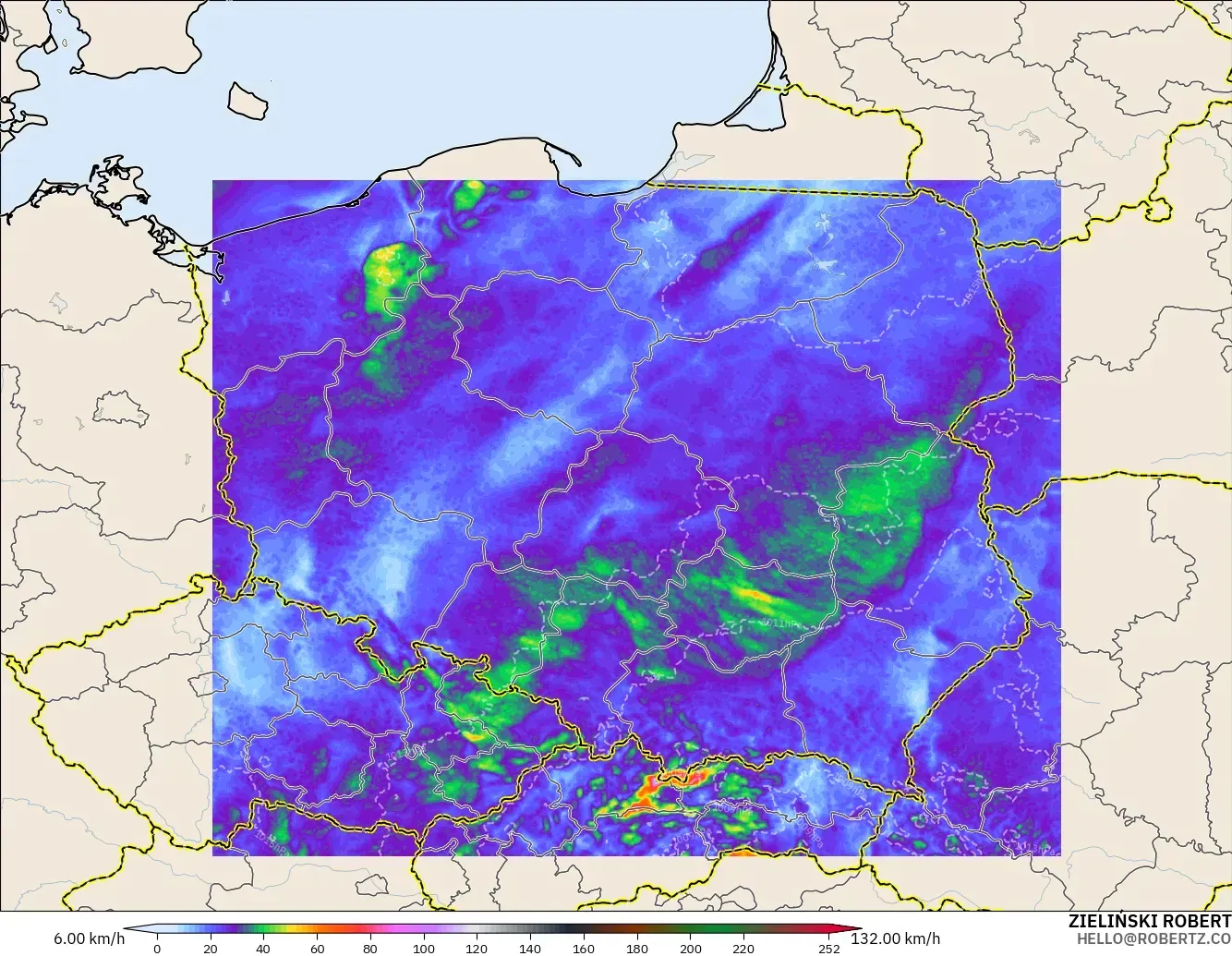 ICON Polonia 2 km modelo - Polonia, Ráfagas de Viento Máximas