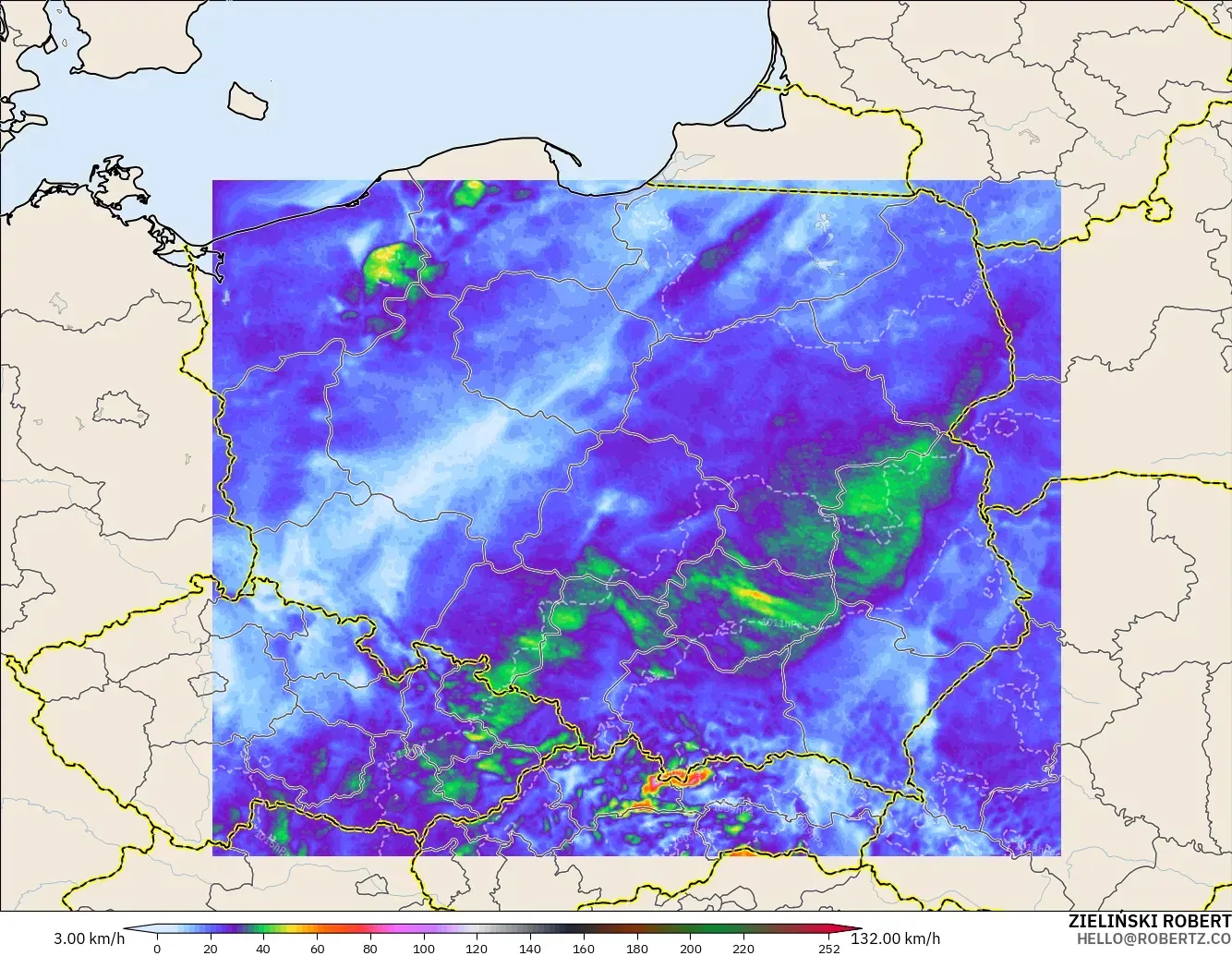 ICON Polonia 2 km modelo - Polonia, Ráfagas de viento