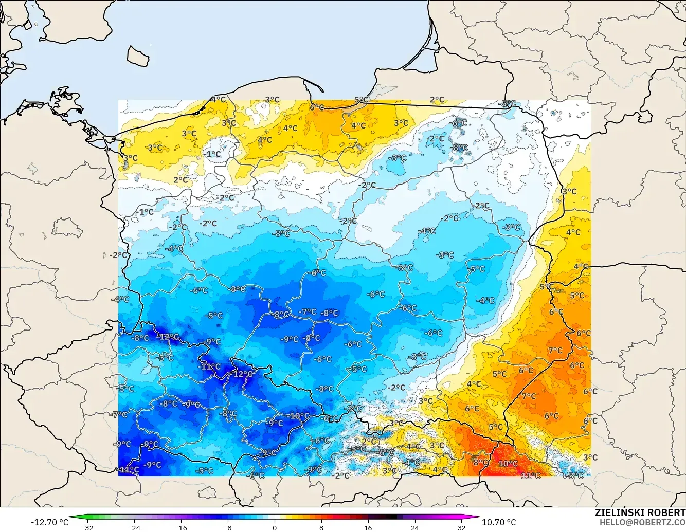 ICON Polonia 2 km modelo - Polonia, Anomalía de temperatura a 2 m