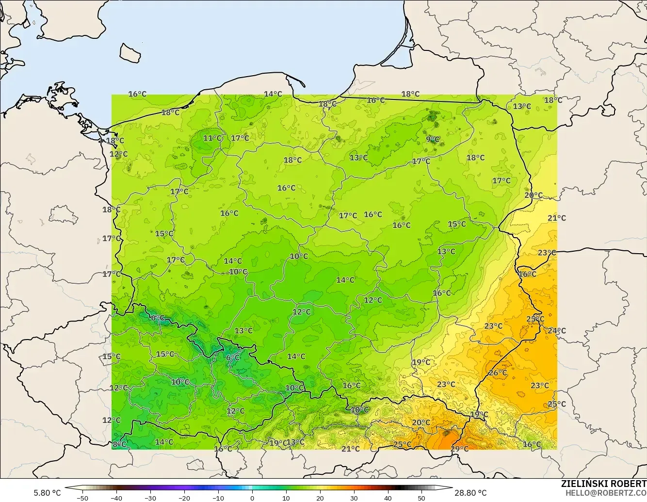 ICON Polonia 2 km modelo - Polonia, Temperatura a 2 m