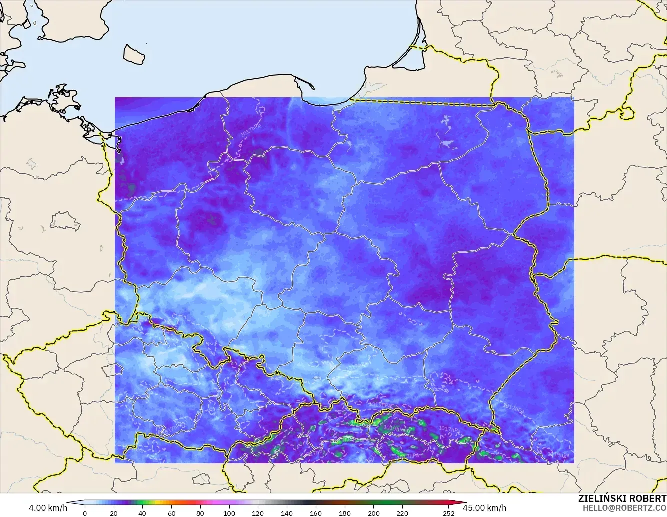 ICON Polonia 2 km modelo - Polonia, Ráfagas de Viento Máximas