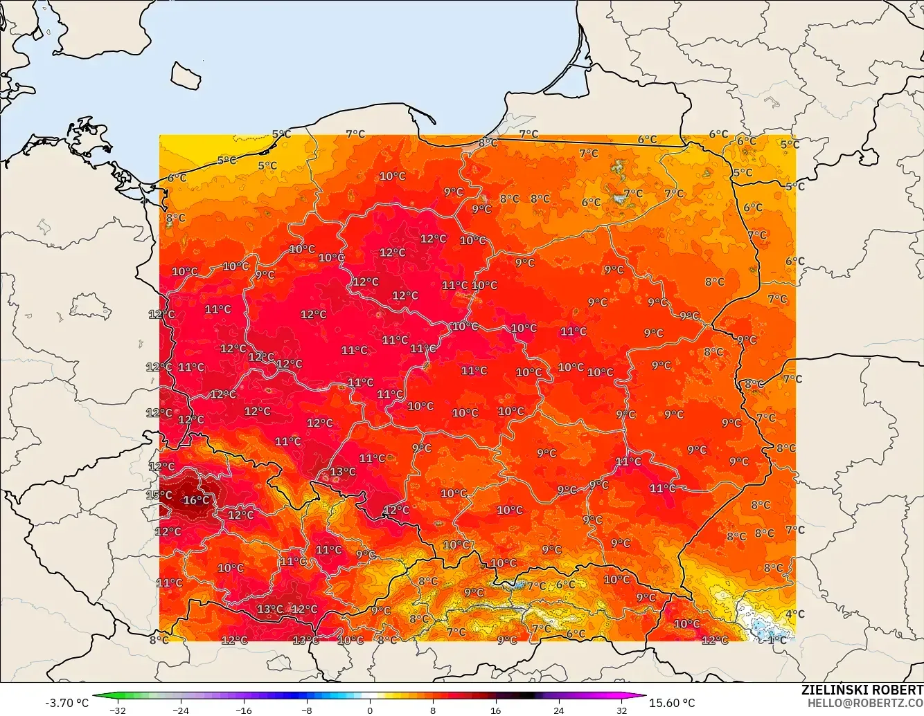 ICON Polonia 2 km modelo - Polonia, Anomalía de temperatura a 2 m
