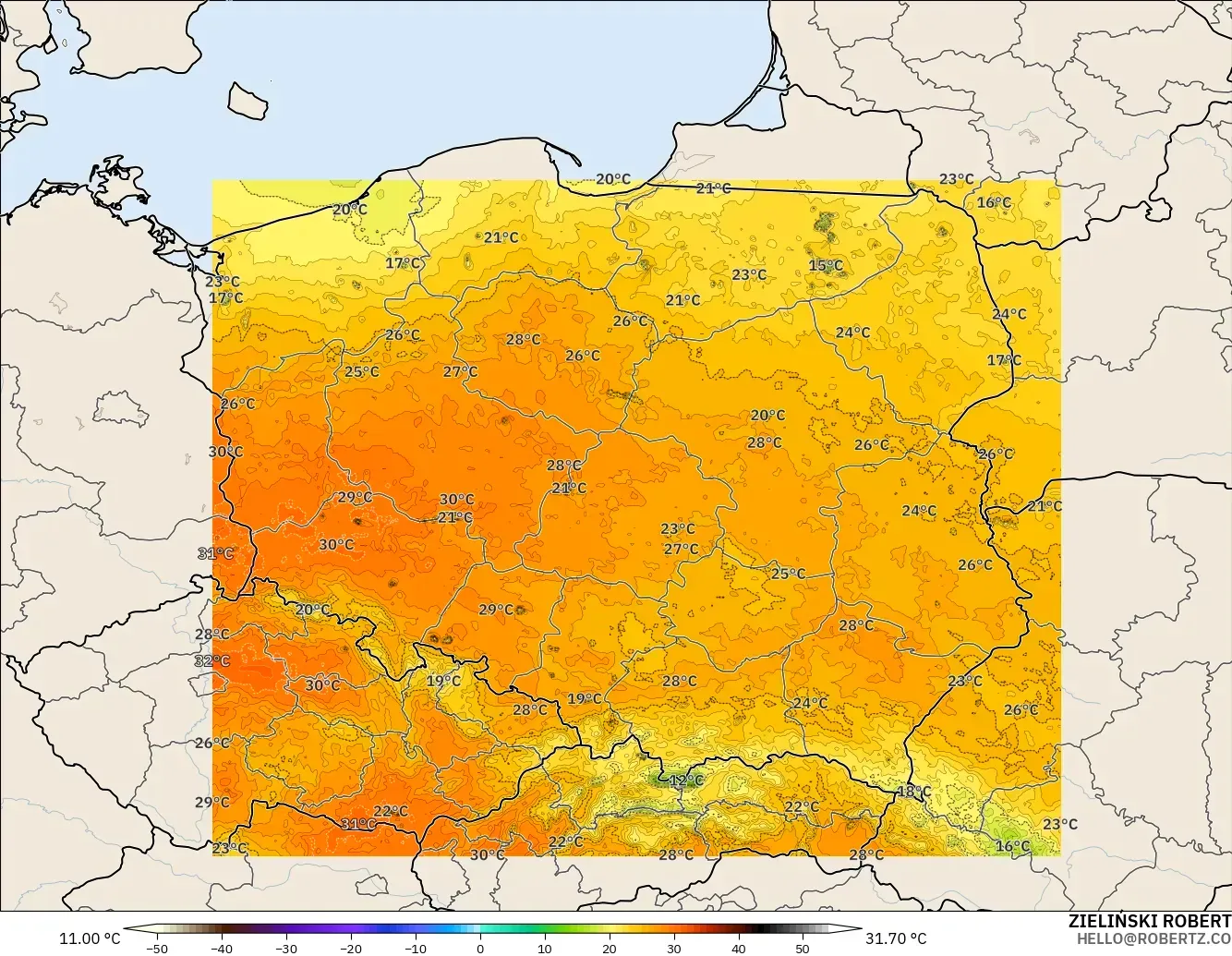 ICON Polonia 2 km modelo - Polonia, Temperatura a 2 m