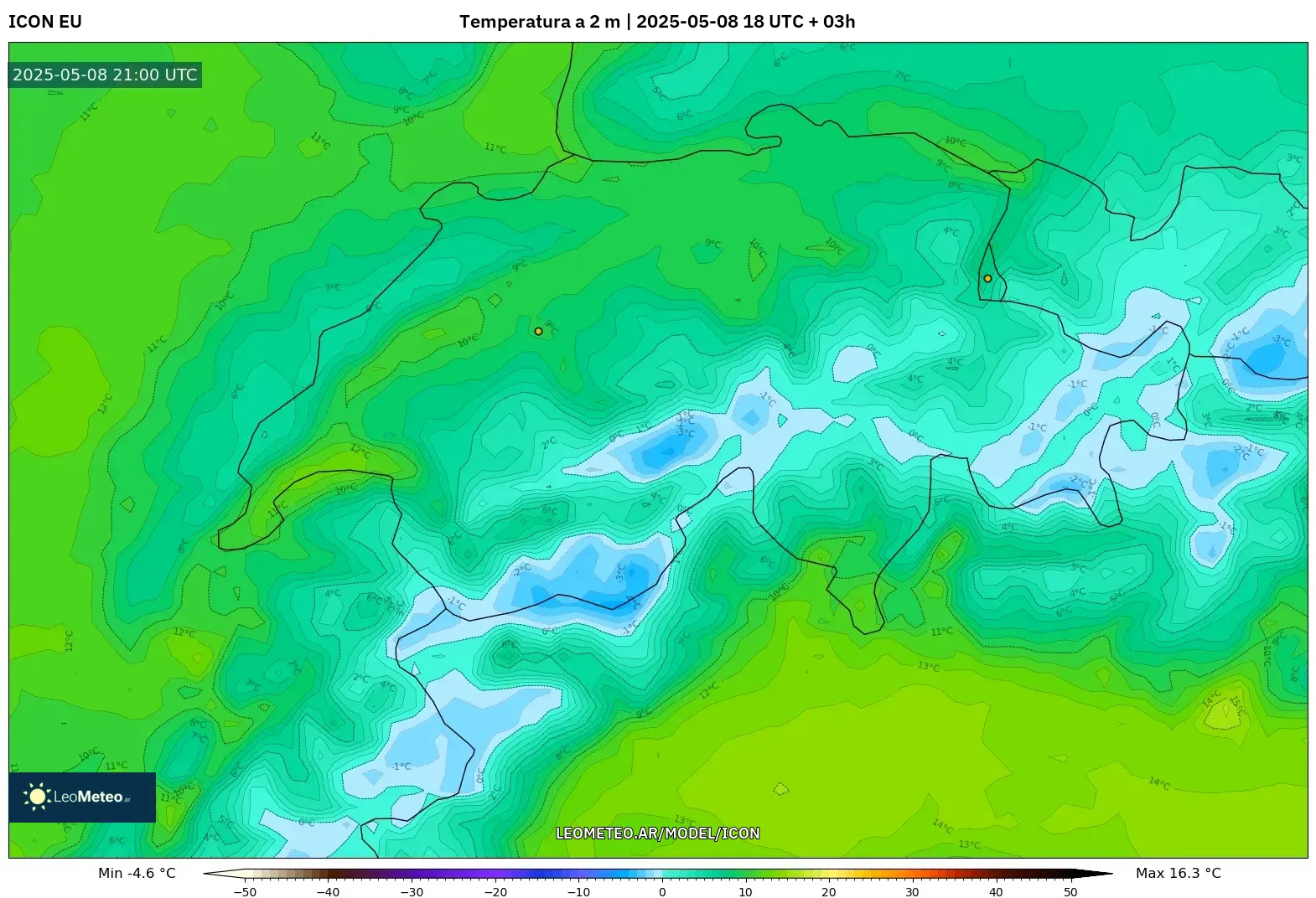 ICON - Suiza, Temperatura a 2 m ICON - Suiza, Temperatura a 2 m