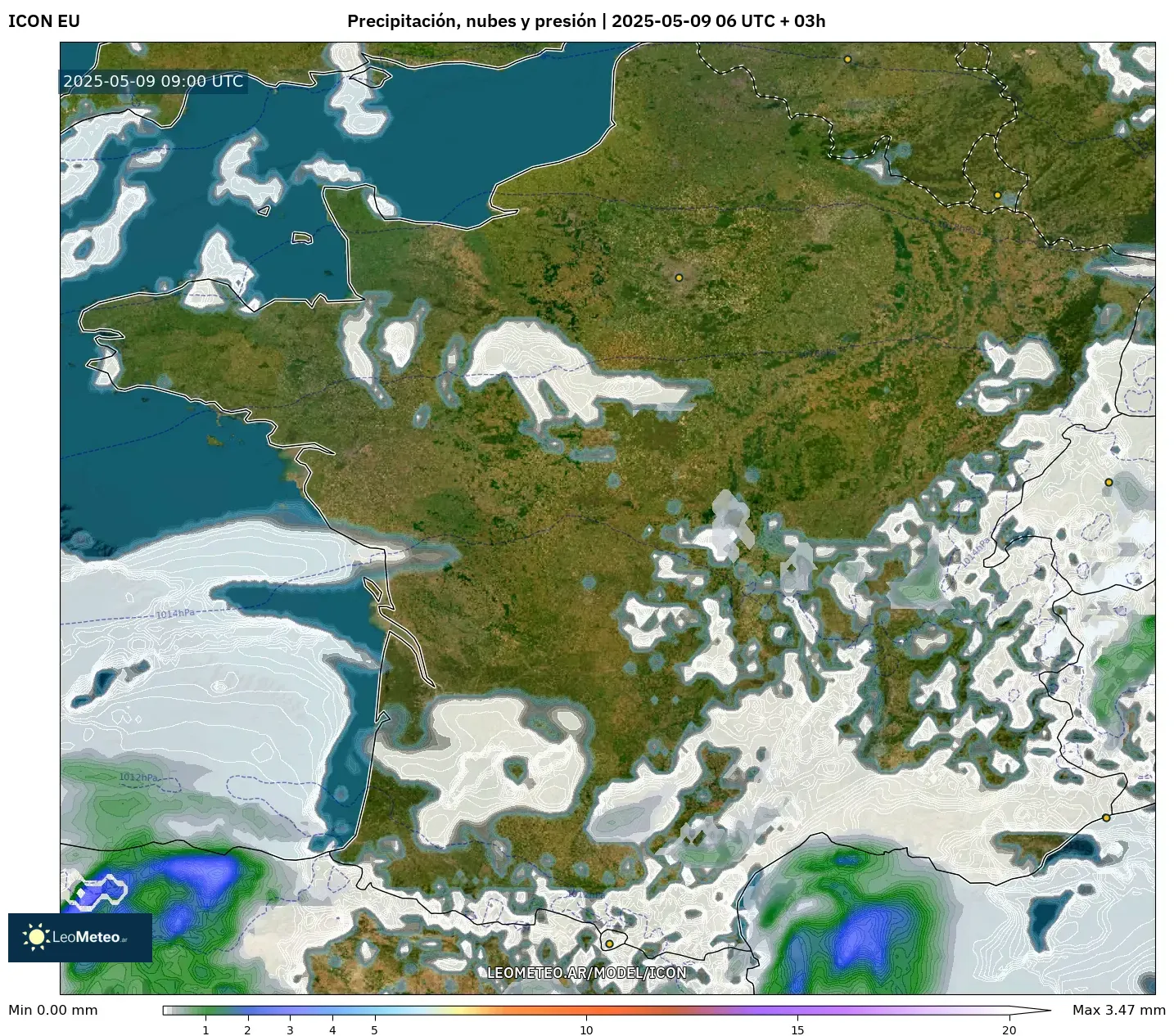 ICON - Francia, Precipitación, nubes y presión ICON - Francia, Precipitación, nubes y presión