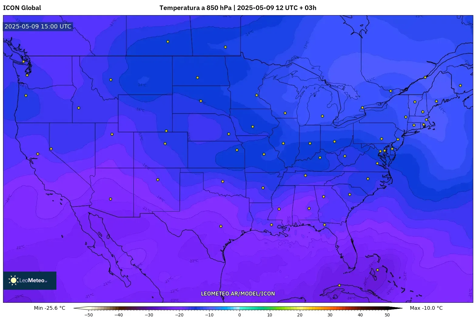 ICON - Estados Unidos, Temperatura a 850 hPa ICON - Estados Unidos, Temperatura a 850 hPa