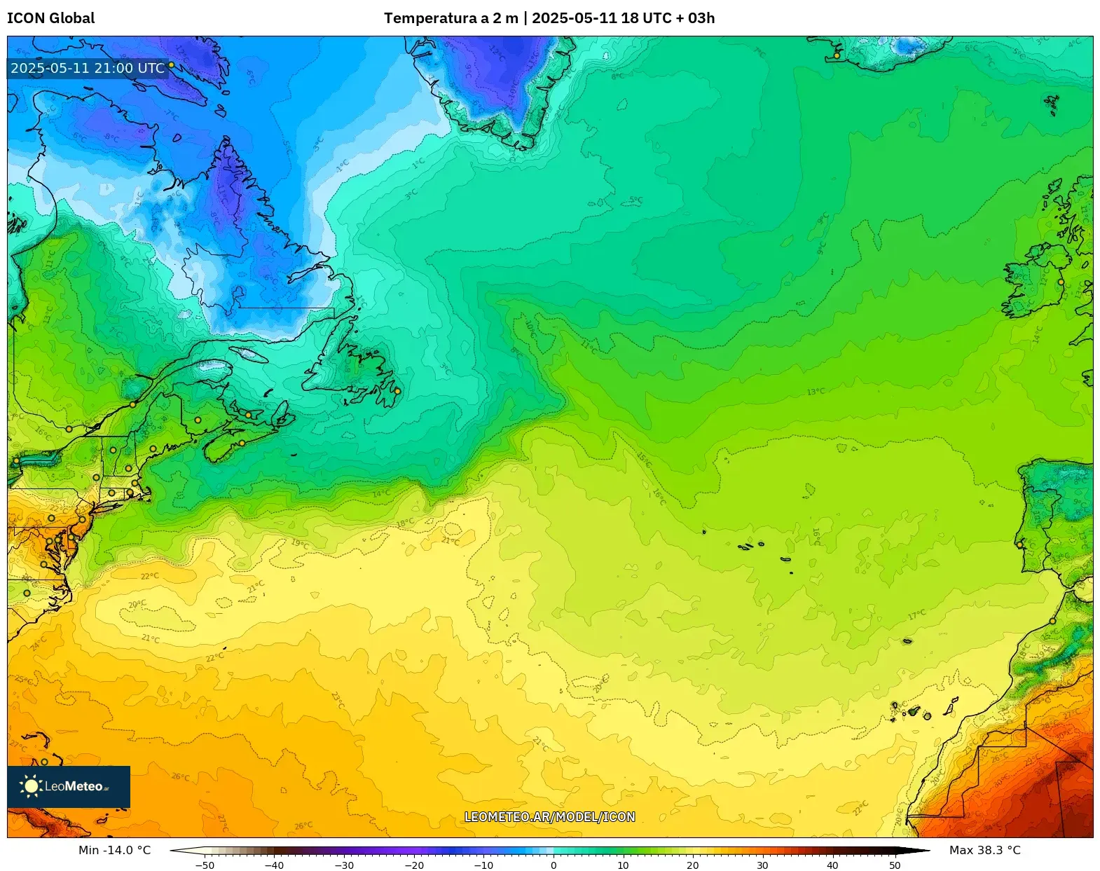 ICON - Norte Atlántico, Temperatura a 2 m ICON - Norte Atlántico, Temperatura a 2 m