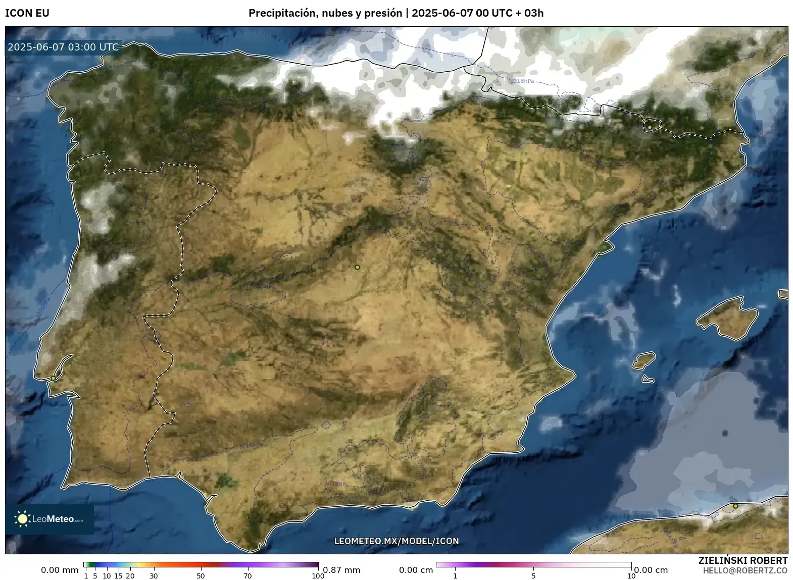 ICON model - España, Precipitación, nubes y presión