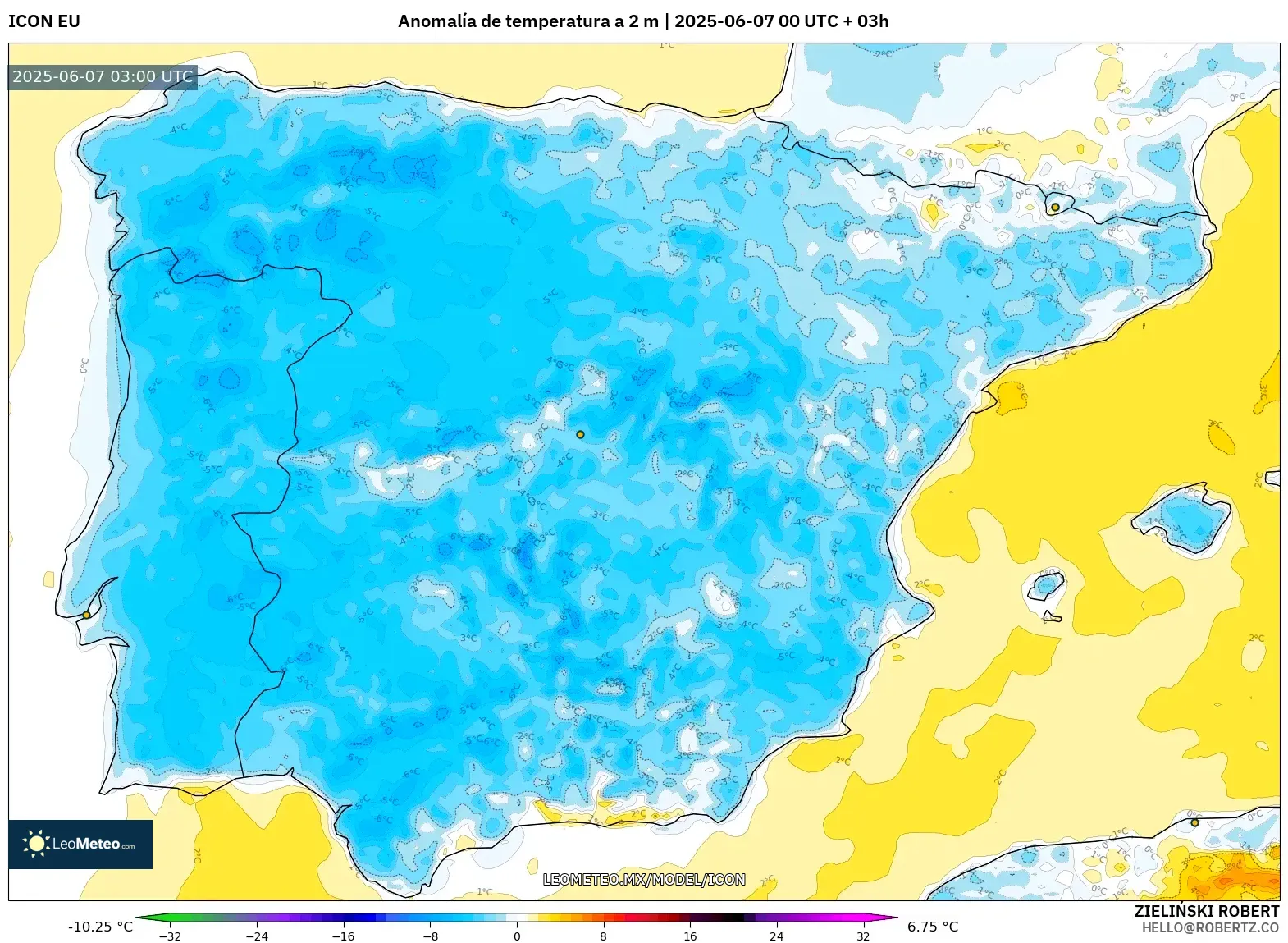 ICON model - España, Anomalía de temperatura a 2 m ICON model - España, Anomalía de temperatura a 2 m