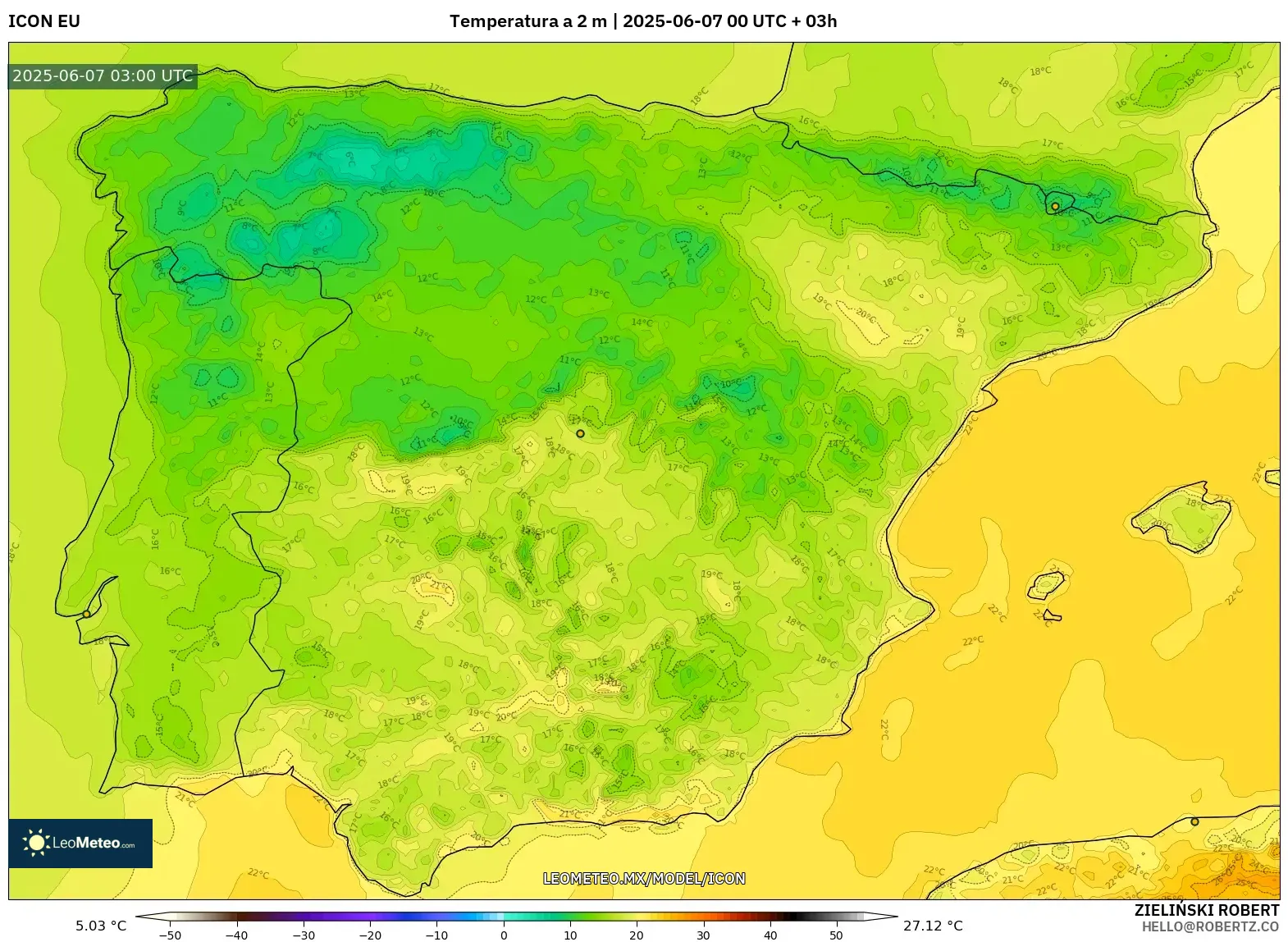 ICON model - España, Temperatura a 2 m ICON model - España, Temperatura a 2 m