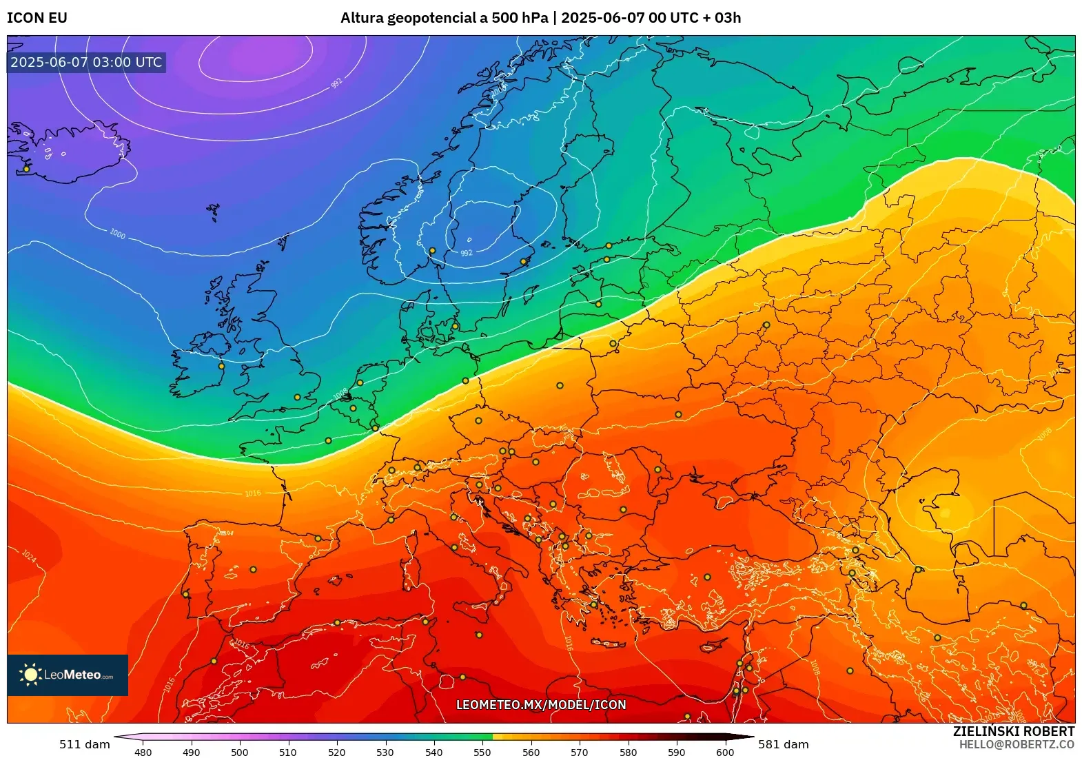 ICON model - Europa, Altura geopotencial a 500 hPa