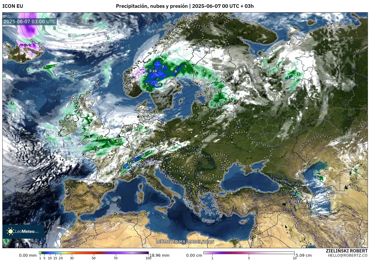 ICON model - Europa, Precipitación, nubes y presión