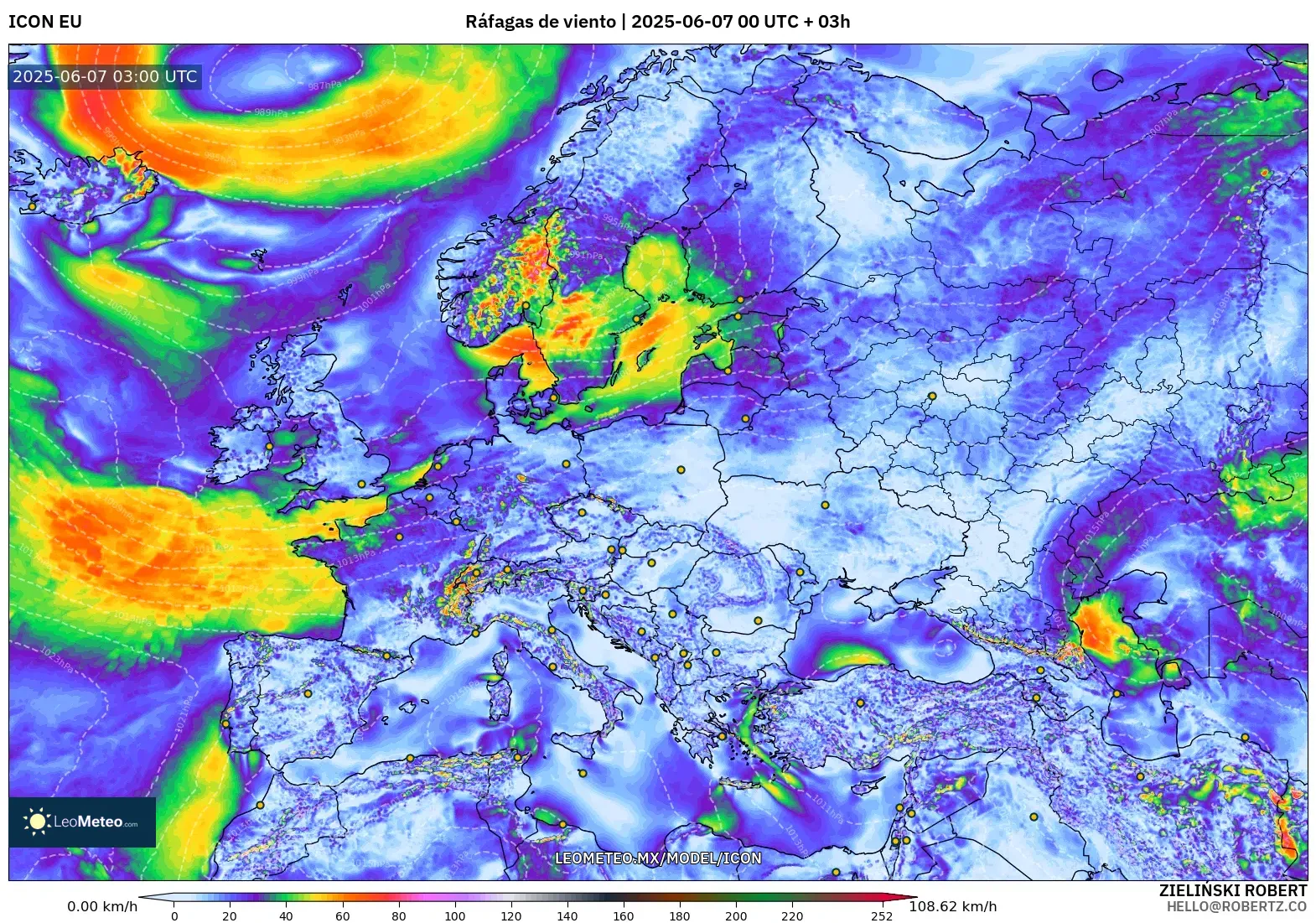 ICON model - Europa, Ráfagas de viento