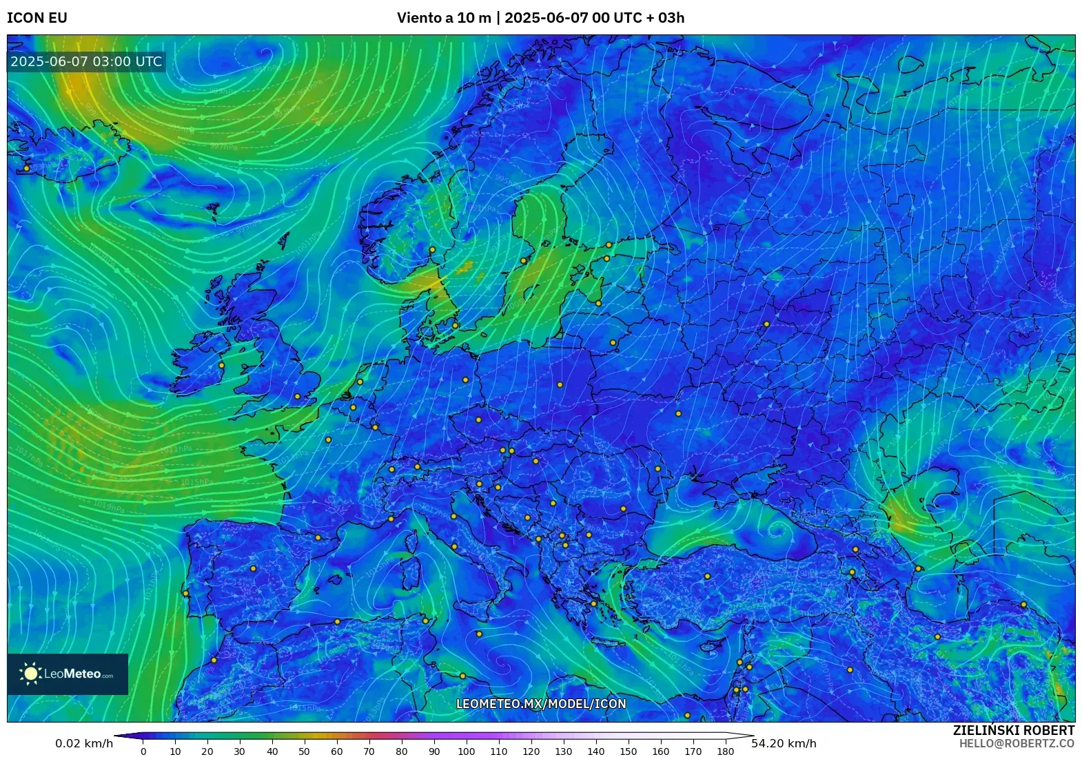 ICON model - Europa, Viento a 10 m