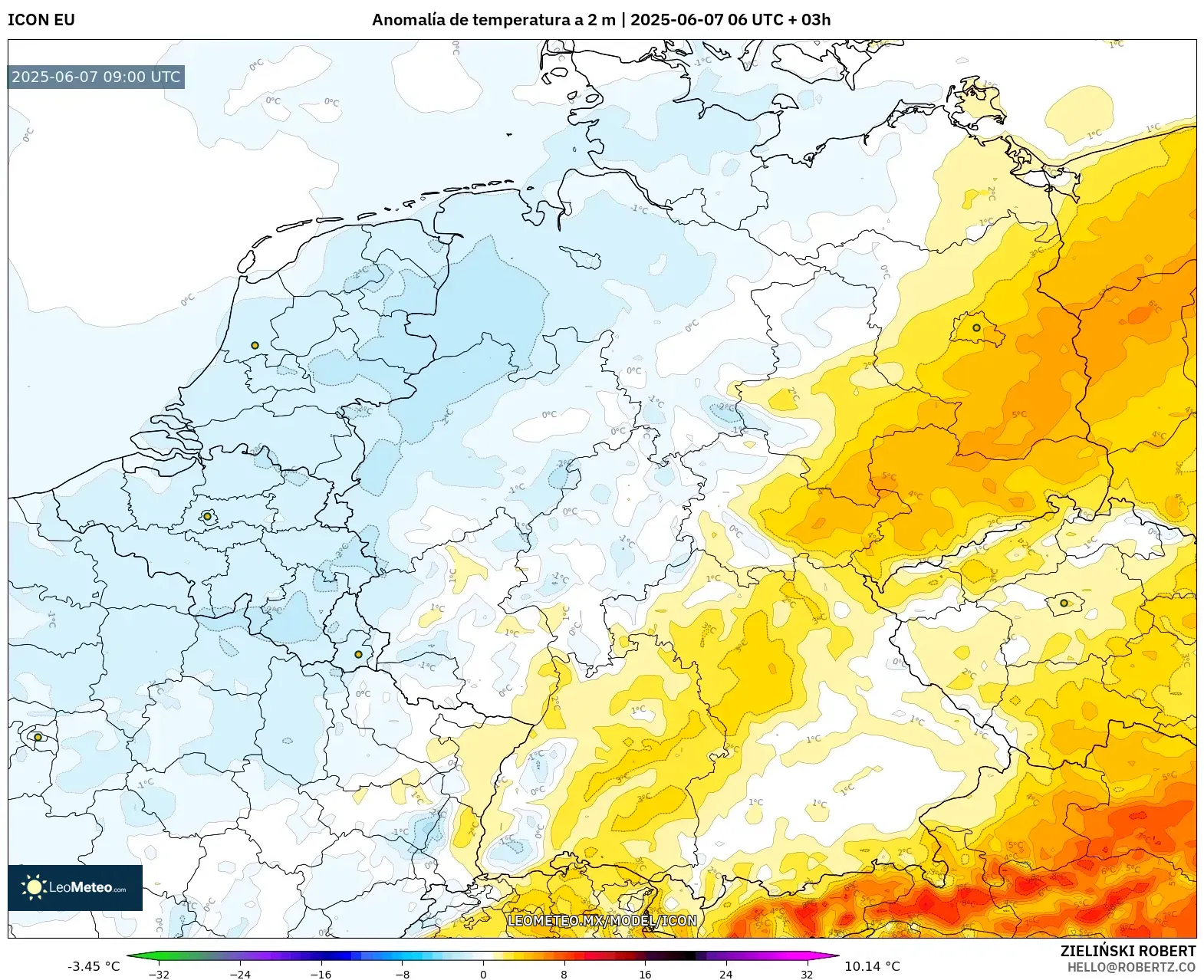 ICON model - Alemania, Anomalía de temperatura a 2 m ICON model - Alemania, Anomalía de temperatura a 2 m