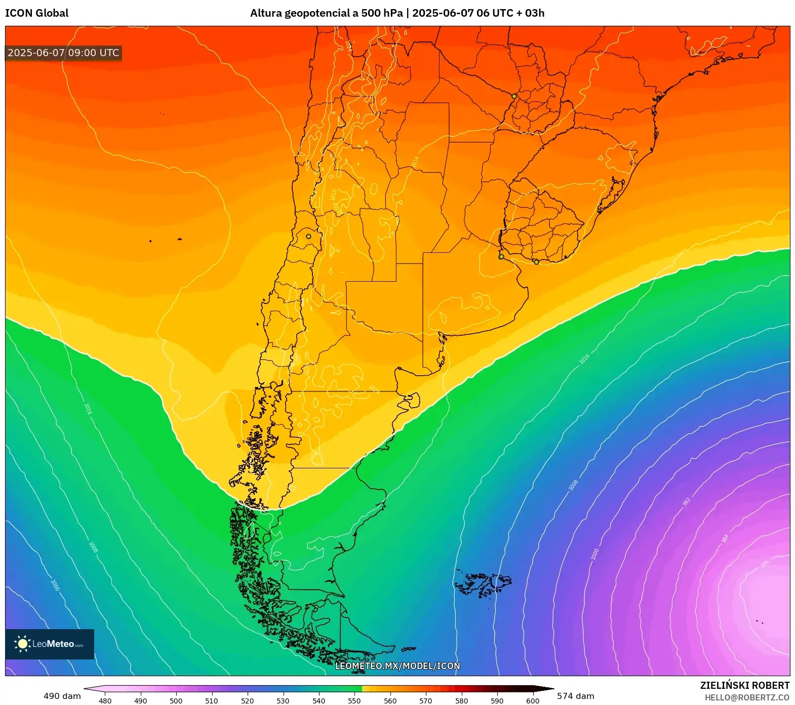ICON model - Argentina, Altura geopotencial a 500 hPa ICON model - Argentina, Altura geopotencial a 500 hPa